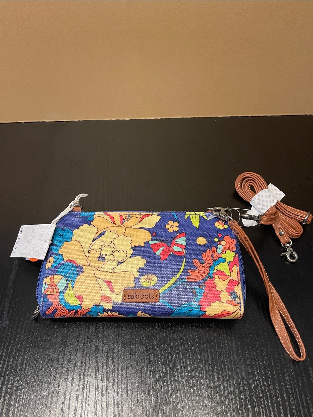 Sakroots Blue Multi Floral Crossbody Wristlet with Brown Strap